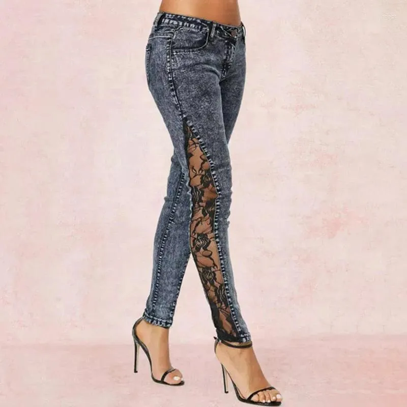 Frauen Jeans hohe Taille Frühling Spitzenstich Mode Retro grau sexy dünne Hosen Stift Strecher für