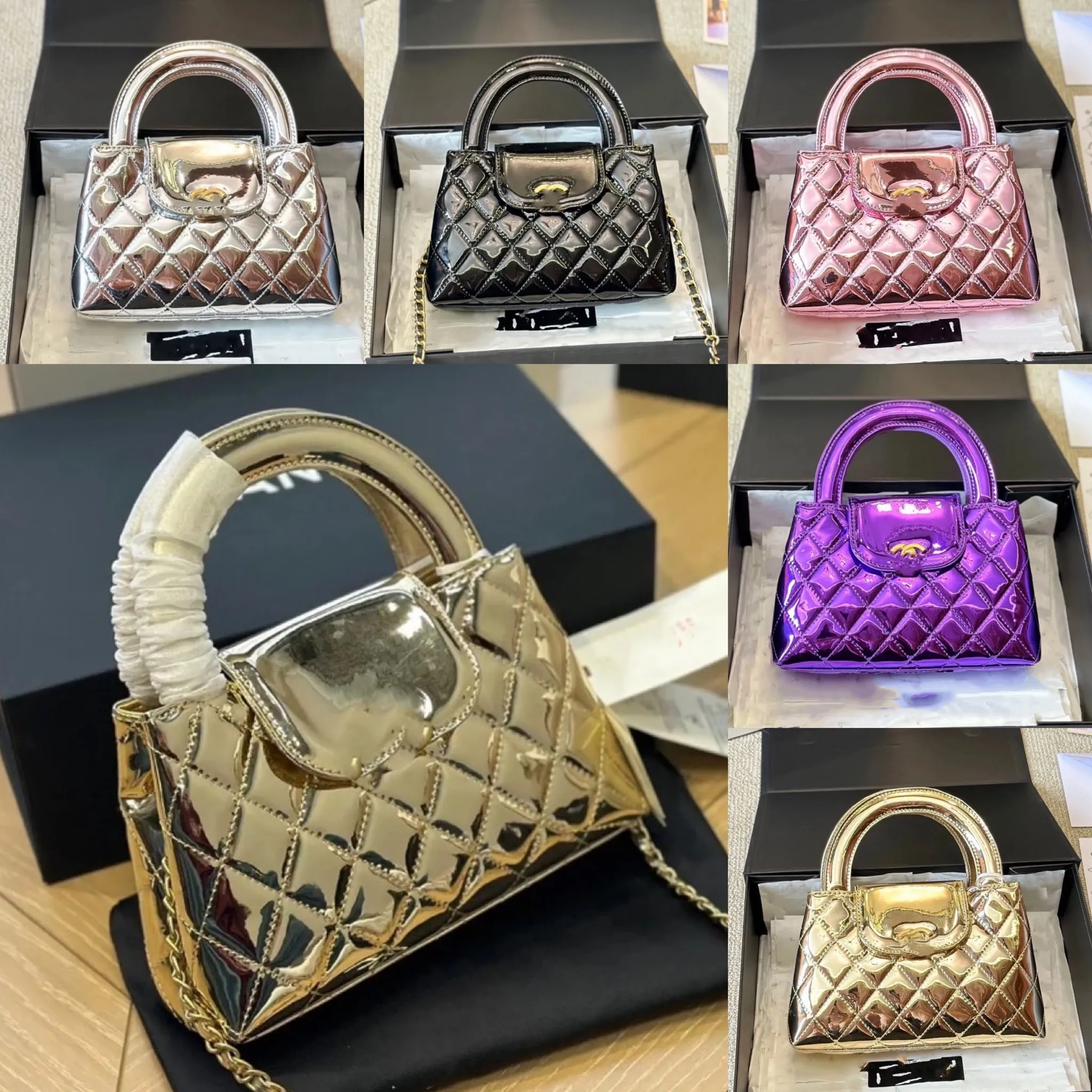 Hot luxury Designer bags New CC 23K Tote Diamond Check Chain Bag Single shoulder crossbody Bag Mirror painted leather diamond check quilted calfskin purse