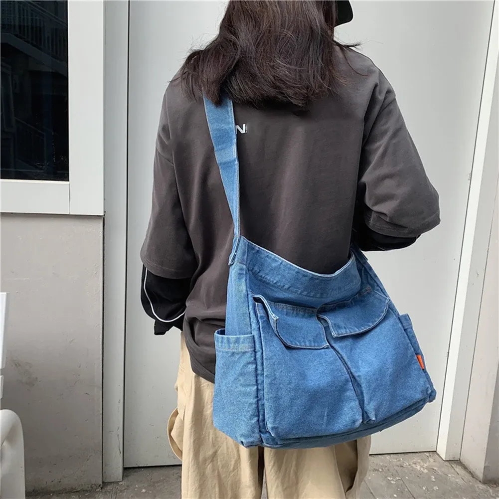 Podets Denim Sacs à bandoulière pour femmes Style japonais Unisexe Books de poche décontractés Sac école pour les élèves Sacs d'épaule grand sac en jeans