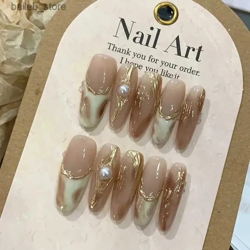 False Nails 10pcs detachable handmade artificial nails Maillard press on acrylic nails almond brown coffee ballet false nail for fall winter Y240419