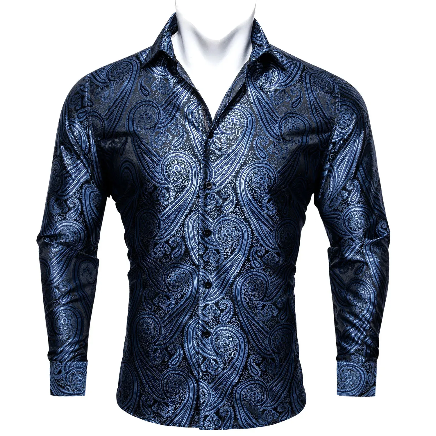 Designer Blue Silk Paisley Shirts for Men Lapel Woven Long Sleeve Embroidered Four Seasons Exquisite Fit Party Wedding CY-0402 240407