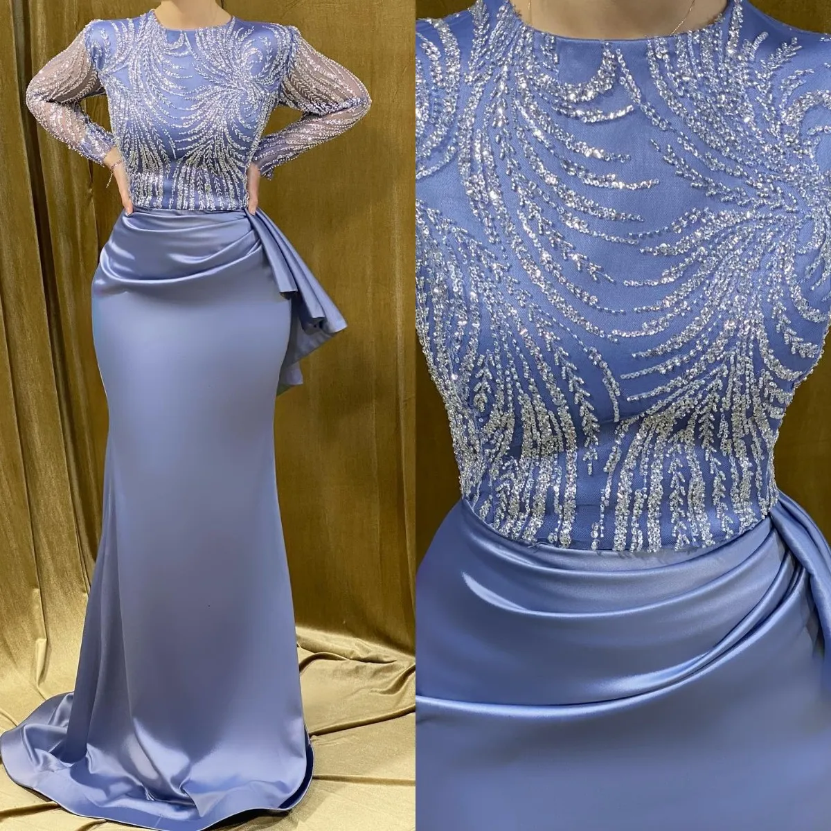 Elegant Beaded Lavender Evening Dress with Jewel Neckline, Illusion Long Sleeves, and Pleated Waist - Perfect for Formal Occasions and Turkish Kaftan