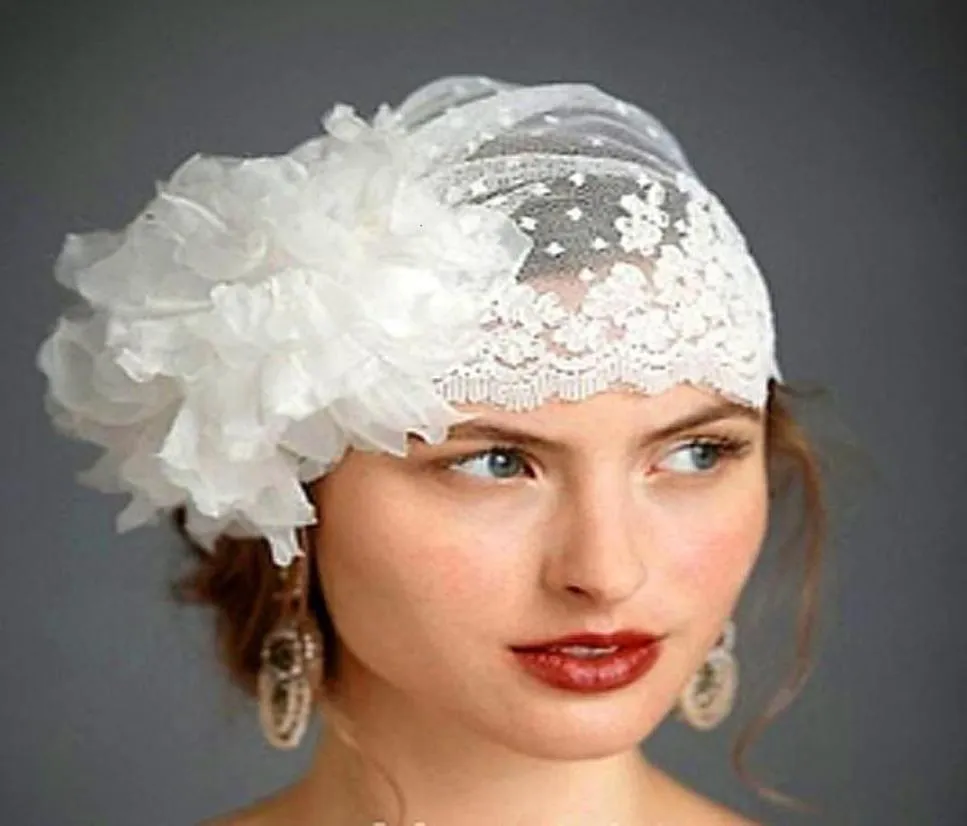 Bröllopshår smycken Beauul Bride Veil Hat Tulle spets Handgjorda blommor hattar för brud 2302256767916