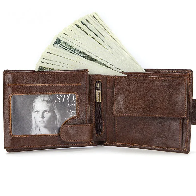 Wallets Genuine Leather Cowhide Short Wallets Men's Money Bag Vintage Business Male Purse Coin Cash Pocket Photo Window ID Card Holder