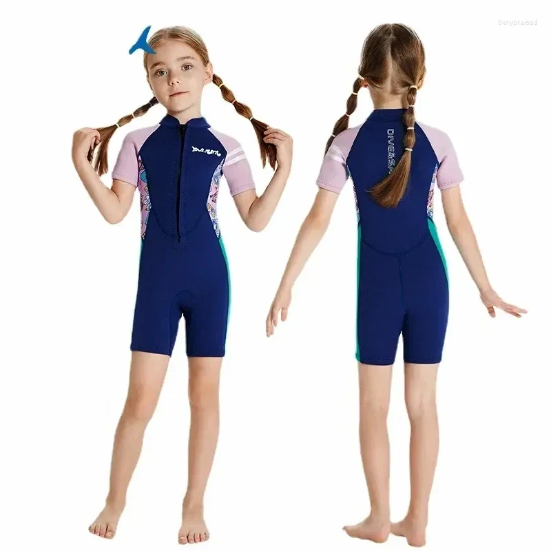 Kvinnors badkläder 2,5 mm One Piece Kort ärm Neopren Wetsuit Children's Surfing Swimsuit Cold Water Swimming Snorkling Suit