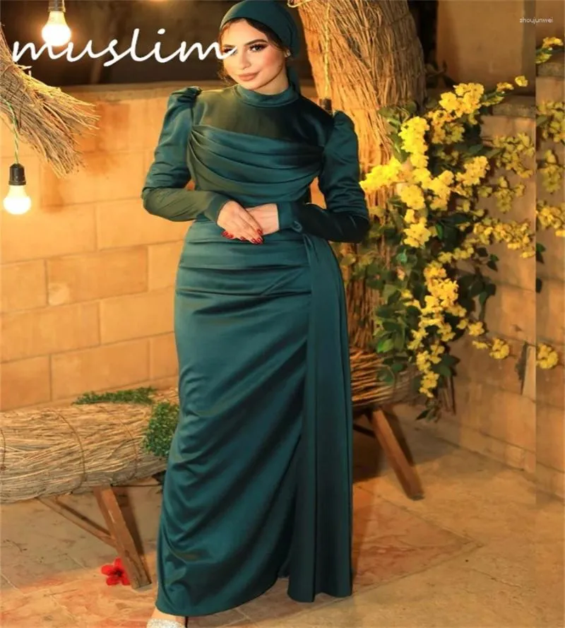 Festklänningar vintage mörkgrön muslimsk aftonklänning med tåg elegant långärmad prom kalkon arabiska kaftan formella födelsedagsklänningar