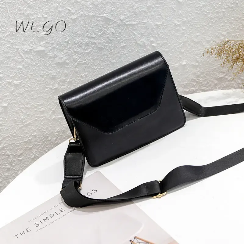 Hinkar fast färg liten fyrkantig väska svart klaff axel handväskor retro bred axel rem damer koreansk mini messenger väska