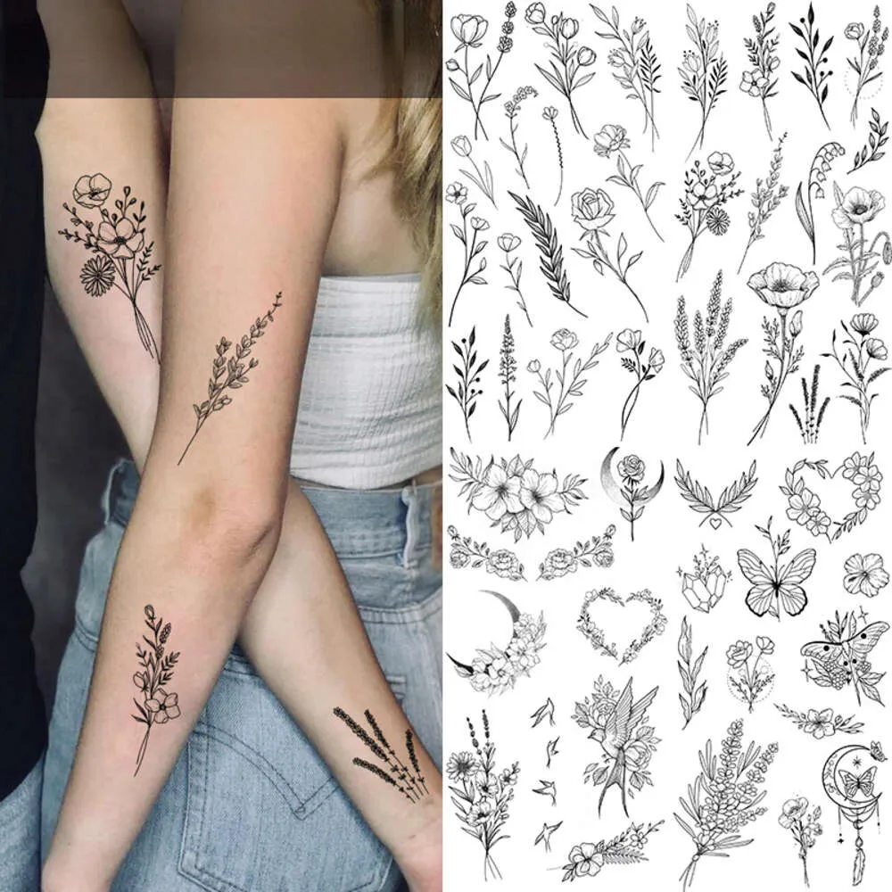 Siyah Çiçek Eskiz Gül Çiçeği Geçici Su Geçirmez Sahte Dövme Kadın Sanat Tatoo Sticker