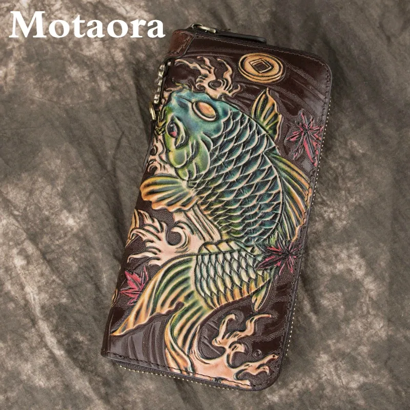 Plånböcker Motaora lyxig vintage plånbok 2023 Ny retro handgjorda präglade handväska äkta läder män kvinnor koppling multifunktionskorthållare