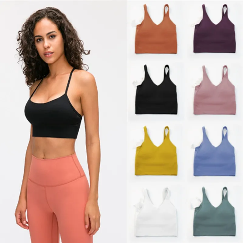 LL Solid Color Women's Yoga Bra Slim Fit Sports Shock-Absorbing Bra Fitness Vest Sexig underkläder avtagbar bröstkudde mjuk lu lu kvinnors bra underkläder