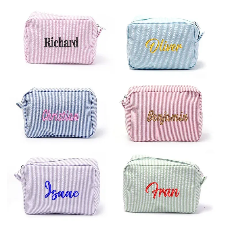 Cas personnalisés Sac cosmétique à rayures à grande capacité personnalisée Custom brodered Logo Travel Simple Women's Rangement Bag Gift