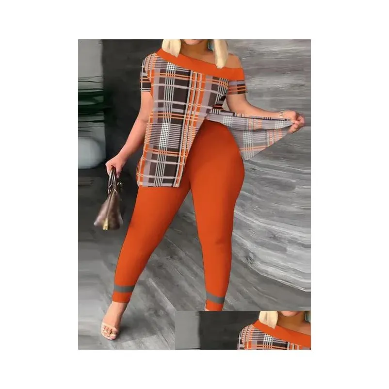 Robes de taille plus tenue décontractée en deux pièces pour femmes en couleur lettre imprimer un shoder divisé ourlet moyen stretch top legging j9sv dro otqdo