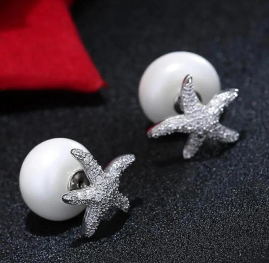 Stud Quality Fashion Micro Mosaic Premium CZ Crystals And Pearl Sea Star Earrings Silver Studs Jewelry For WomenStud8675134