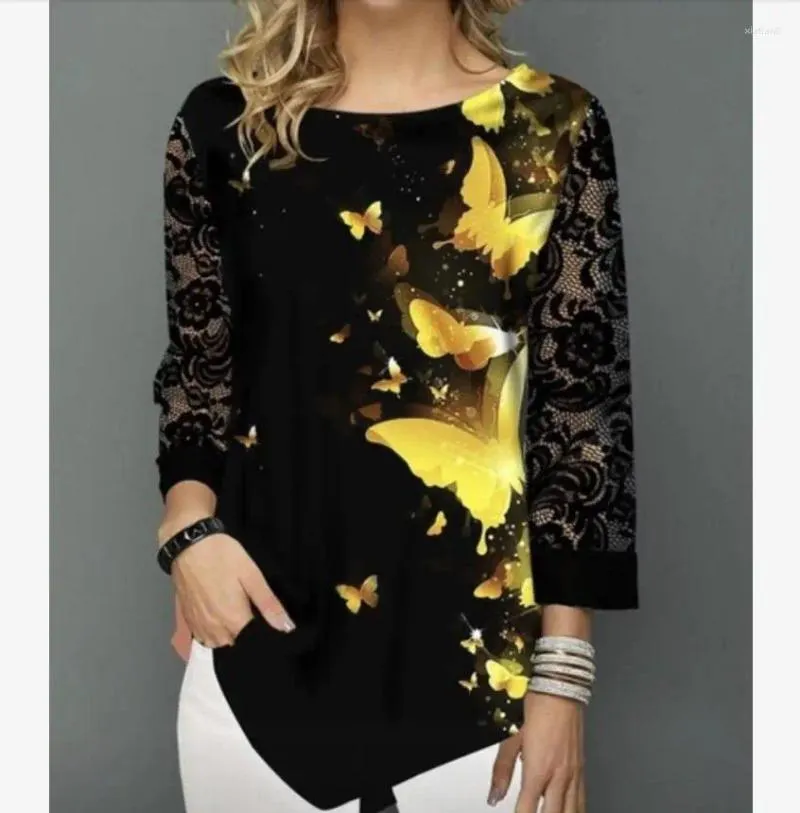 Blouses de chemisier pour femmes Femmes plus taille 5xl Fashion printemps d'été Print noir Tops 3/4 manche en dentelle élasticité femelle décontractée