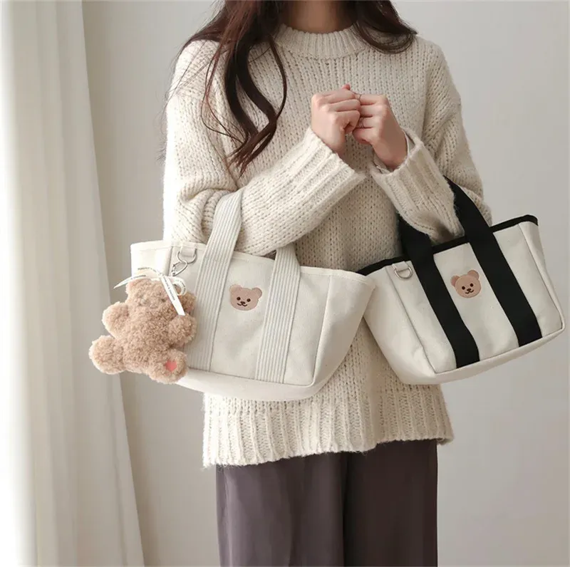 Väskor koreanska björn baby blöja väskor stor kapacitet duk tecknad bärbar dragkammare mamma väska multifuncitonal lunchpåse handväska