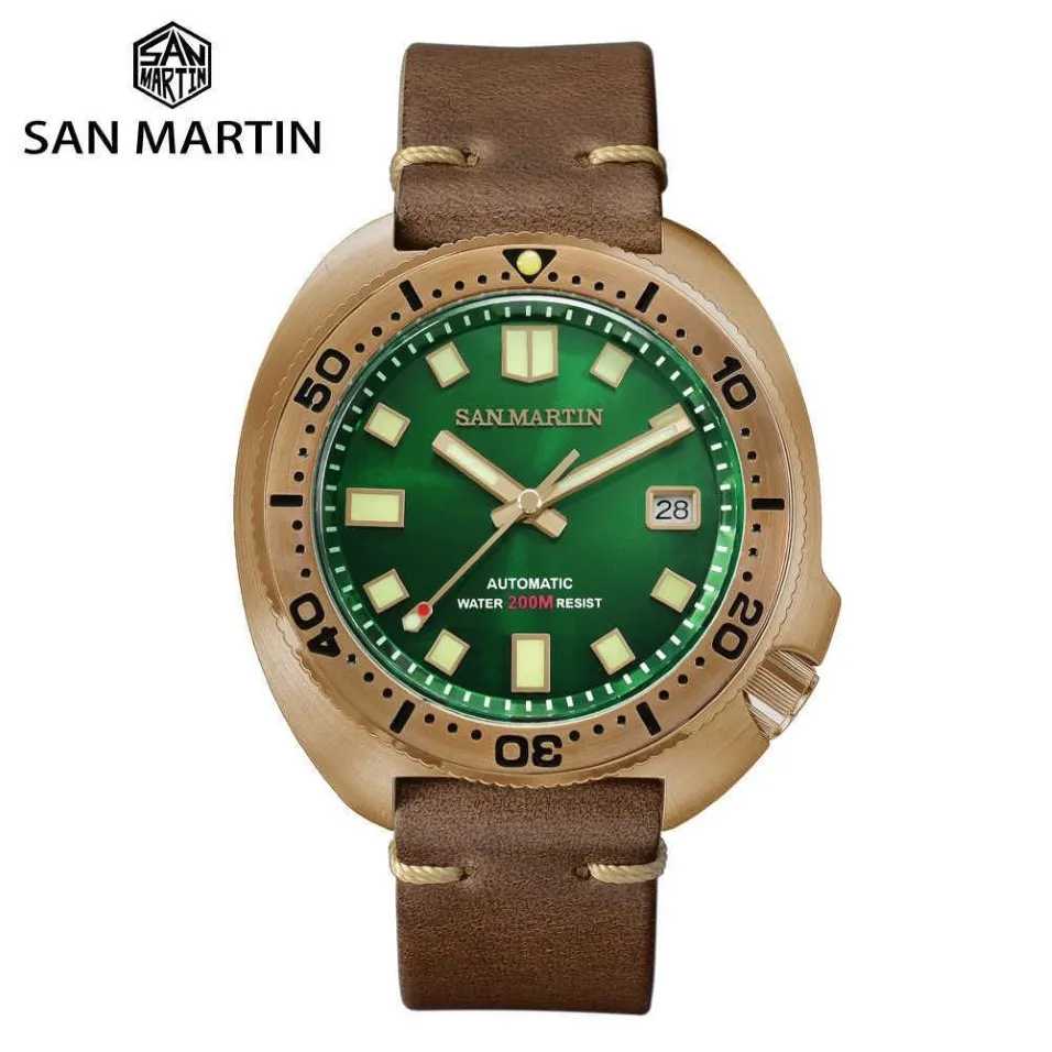 San Martin Abalone Bronze Diver Watches Men Mechanical Watch Luminous Water Resistant 200m Leather Strap Stylish Relojes 210728207i