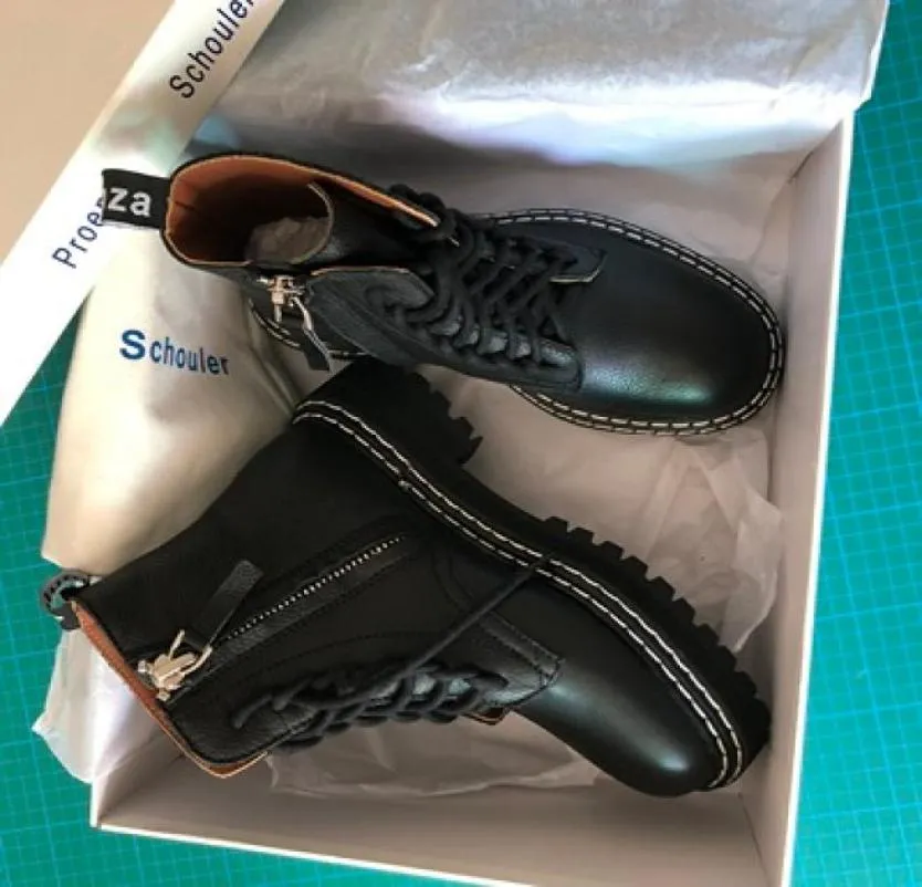 امرأة Proenza Boots موسم جديد Schouler Leather Lace Up في الكاحل أحذية أسود أصلي جلدي القتال حذاء الجلود العجل 5981825