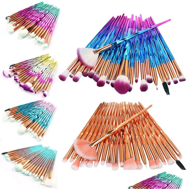 Makeup szczotki 20pcs Zestaw cienia do powiek Diamentowe kosmetyczne narzędzia do piękna brwi brwi kątowe mieszanie liniowca pędzla do twarzy proszek 6 kropli otjiq