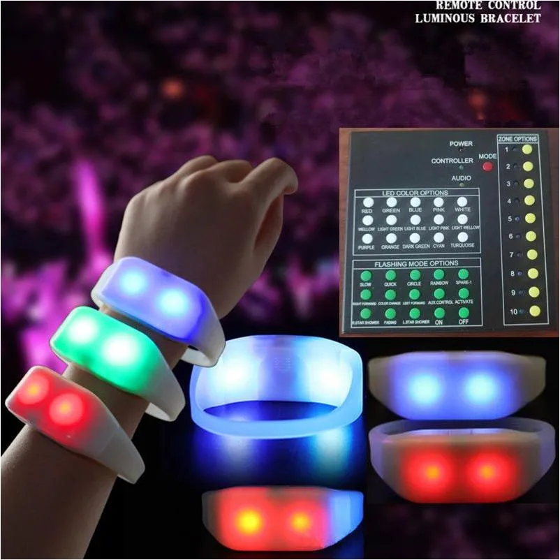 Andere evenementenfeestjes 15 Kleuren Remote Control LED SILE BRACELETS Polsband RGB Veranderend met 41Keys 400 meter 8 Gebied Luminous Wr Otrxe