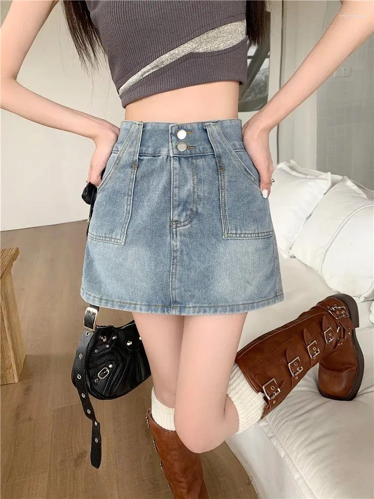 Röcke sexy Frauen hohe Taille Jeans Rock Koreanische Mode Taschen eine Linie mini Sommer weiblich harajuku Vintage Short Jean