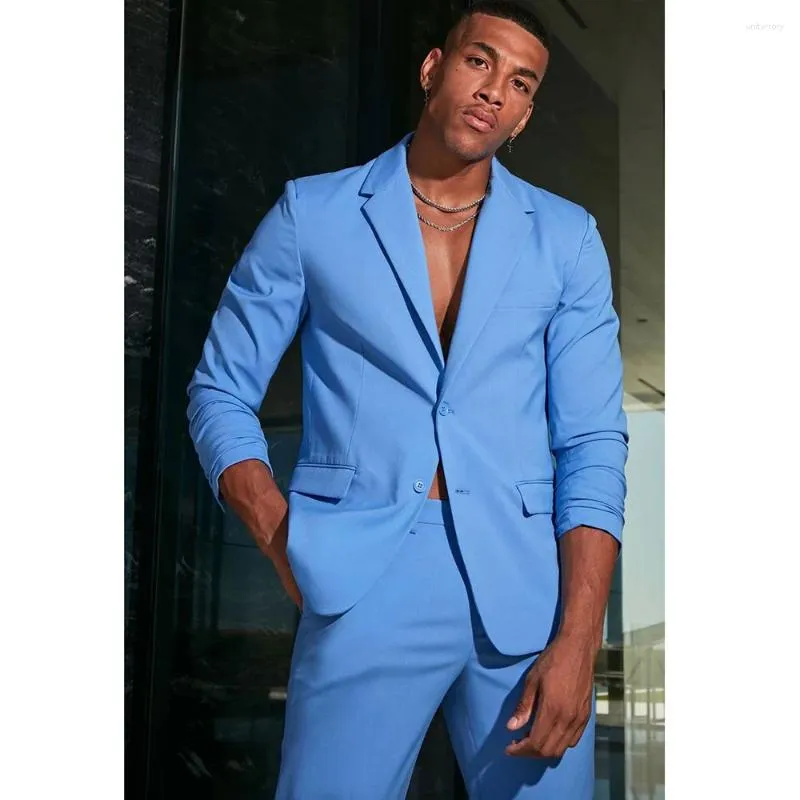 Men's Suits Single Breasted Notch Lapel Blue Men Summer Slim Fit Full Set Skinny 2 Piece Jacket Pants Blazer Custom Made Clothing2024