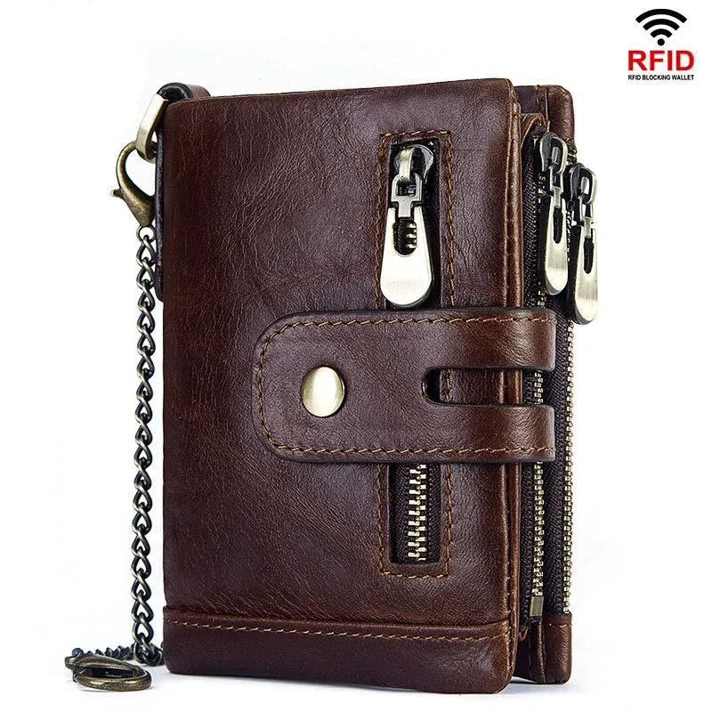 Wallets New fashion cowhide RFID antitheft leather wallet genuine leather men's wallet men's money cash short purse with iron chains