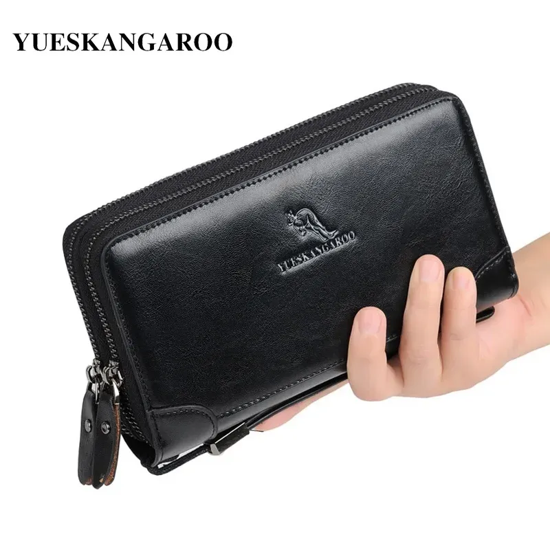 Wallets YUES KANGAROO Luxury Brand Man Wallets Leather Men Clutch Bag With Coin Pocket Zipper Male Purse Card Holder Leather Long Wallet