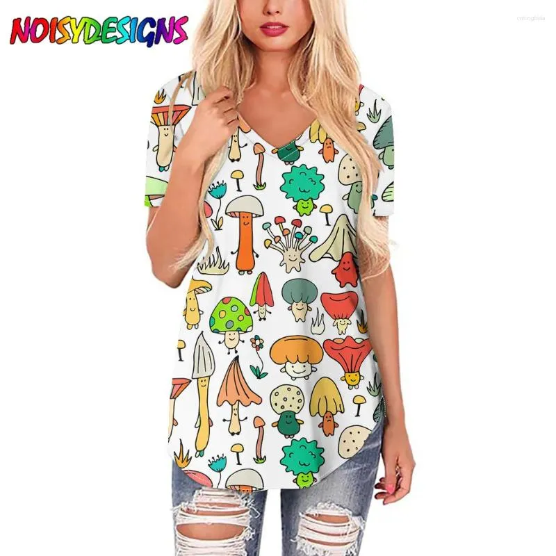 女性用Tシャツノイズデシグーンマッシュルーム絵画印刷されたシャツ女性vネックルーズ夏のティートップス服ムージェル