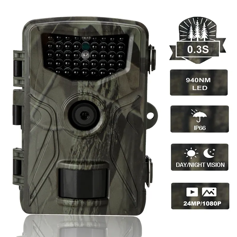 カメラトレイルカメラIP64ハンティングカメラ24MP 1080pセンサーナイトビジョン屋外ワイヤレスワイルドサーベイランスカム0.3s写真トラップ