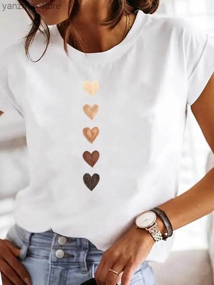 T-shirt féminin court Slve Casual dames mode femelle graphique t Les femmes aiment le coeur aquarelle swt imprimement d'été t Vêtements T-shirts y240420