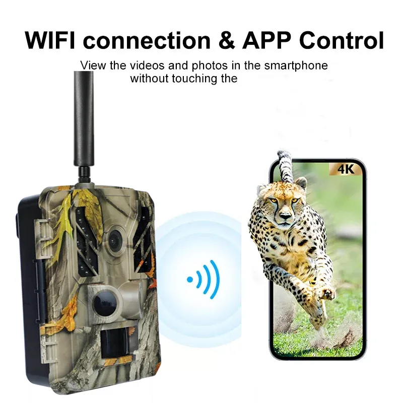 Cameras Hunting Trail Camera 4K avec WiFi App 0.2S Trigger IR Range 30m 4K Vidéo 48MP Picture IP67 pour la surveillance de la surveillance