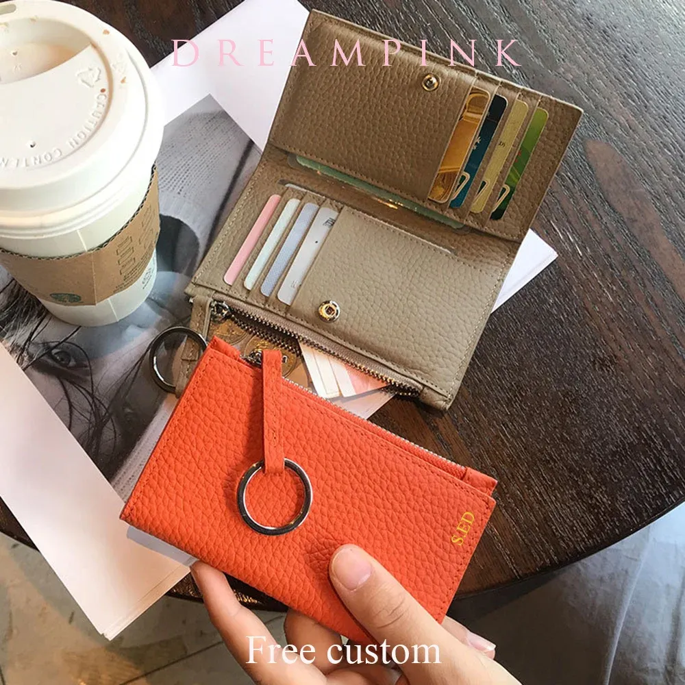 Halter Luxus Cowide Keychain Kartenhalter Custom Letter Männer Zip Coin Geldbörse Echtes Leder DIY Initialen Frauen Visitenkarte Brieftasche