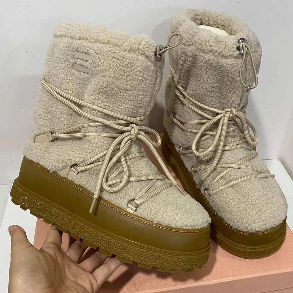 Shearling Snow Ski Booties, Designer Winter Boots with Fleece Lining, Non-Slip Platform, Rubber Sole, Fleece Insole for Warmth, Draw Rope, 42 35 Shearling Snow Ski Booties, Designer Winter Boots with Fleece Lining, Non-Slip Platform, Rubber Sole, Fleece Insole for Warmth, Draw Rope, 42 35