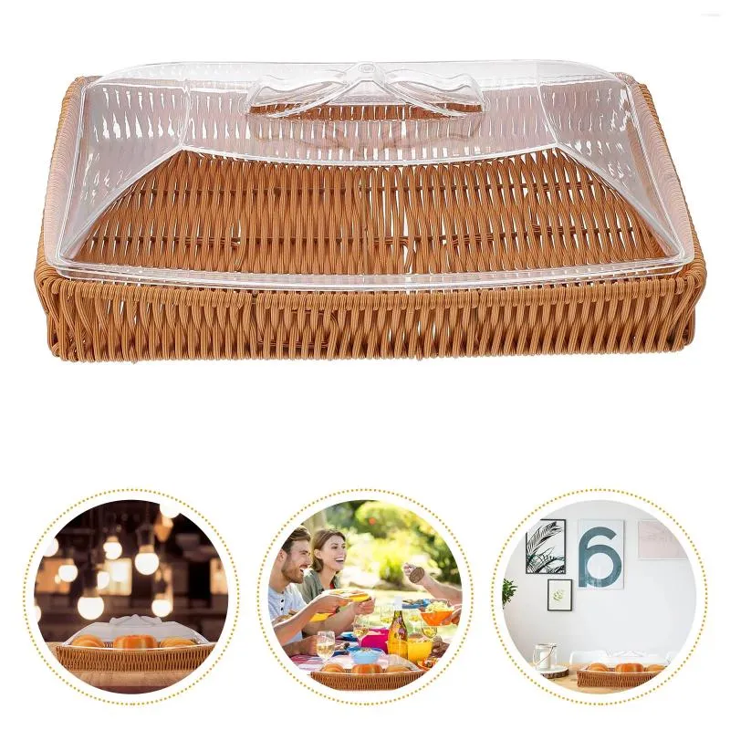 Dinnerware Sets Snack Storage Box Desktop Decor Tray Household Rattan Sundries Basket With Acrylic Cover Small Arranger