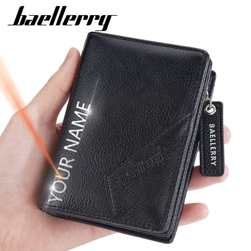 Portefeuilles Baellerry Men Wallets kaarthouder naam gravure retro rits mannelijke portemonnee nieuwe korte munt pocket eenvoudige kaarttas heren turn