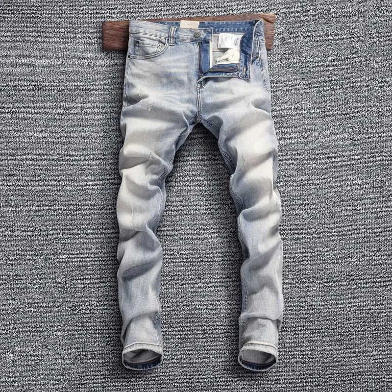 Mens Pants New Designers Fashionable Mens Jeans Retro Blue Elastic Slim Fit Cardigan Jeans Mens Elastic Jeans Mens Elastic Trousers Vintage Jeans H J240420