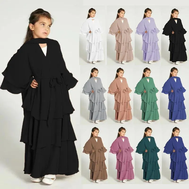 Etniska kläder Elegant tre-lagers chiffong muslimska barnklänning Ramadan Eid Djellaba Dubai utan hijab