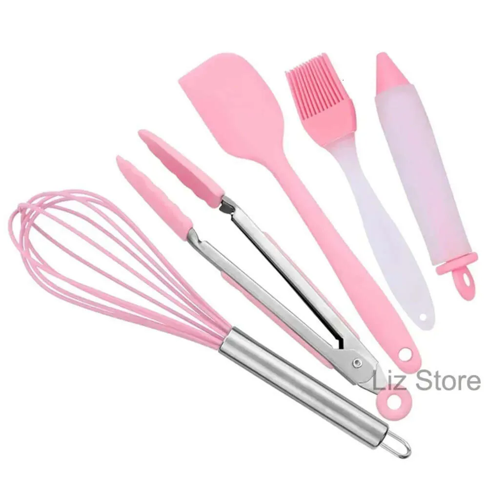 Ferramenta de bolo de silicone silica 5pcs/conjunto gel espátula raspador escova de óleo alimento tingo de ovo batedor de bolo de decoração caneta rosa assado th1228 s