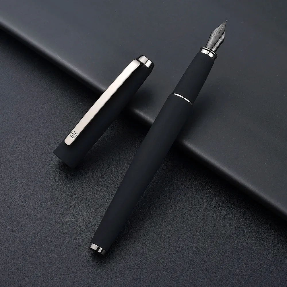 Pennen Hongdian 517D Mat Black Full Metal Silver Clip Pens Titanium Classic Ink Fountainpen Ef F Bent Nib Pens School Office Gifts