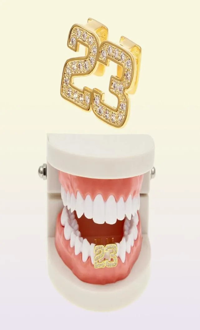 Hip Hop Double Teeth Grillz Iced Out CZ Copper Gold Silver Color Plated Number 23 Top Tooth Dental Grills4338767