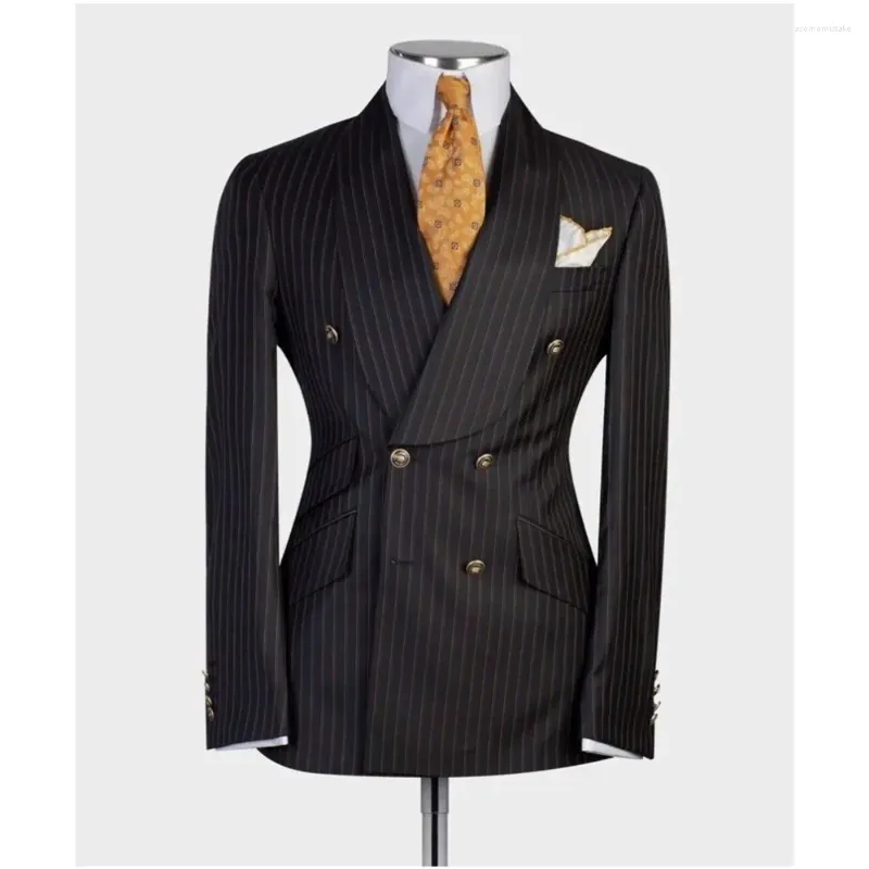 Men's Suits Elegant Black Stripe Double Breasted Shawl Lapel Business Wedding Groom Tailor Male Clothing 2 Pieces Jacket Pants