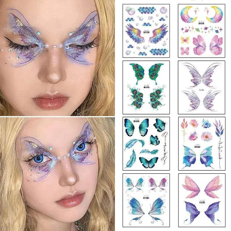 Fairy Butterfly Wings Tatouage brillant Autocollant imperméable Eyes Face Face Hand Art Faux Tatouages pour femmes Festival de musique de Dance Makeup 240418