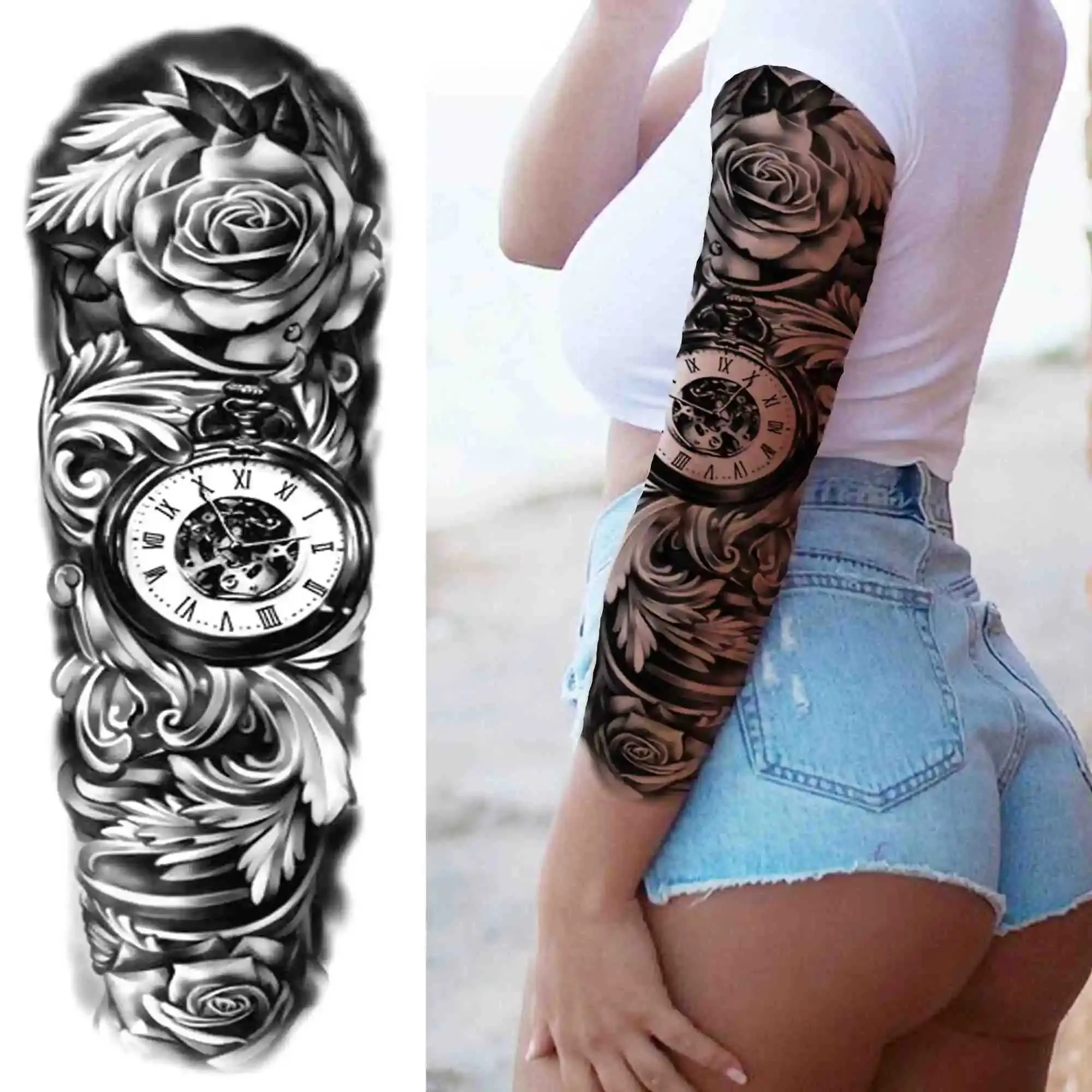 Death Skull Black Flower Full Sleeve tattoo sticker tattoo for Men and ...