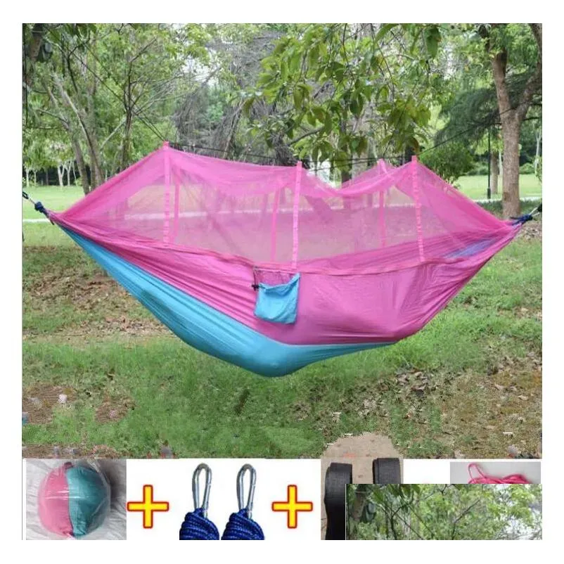 Hamacs 12 couleurs 260x140cm Hamac portable avec moustique net unique personne suspendue gouttes de lit de lit de jardin meubles de jardin dhekm