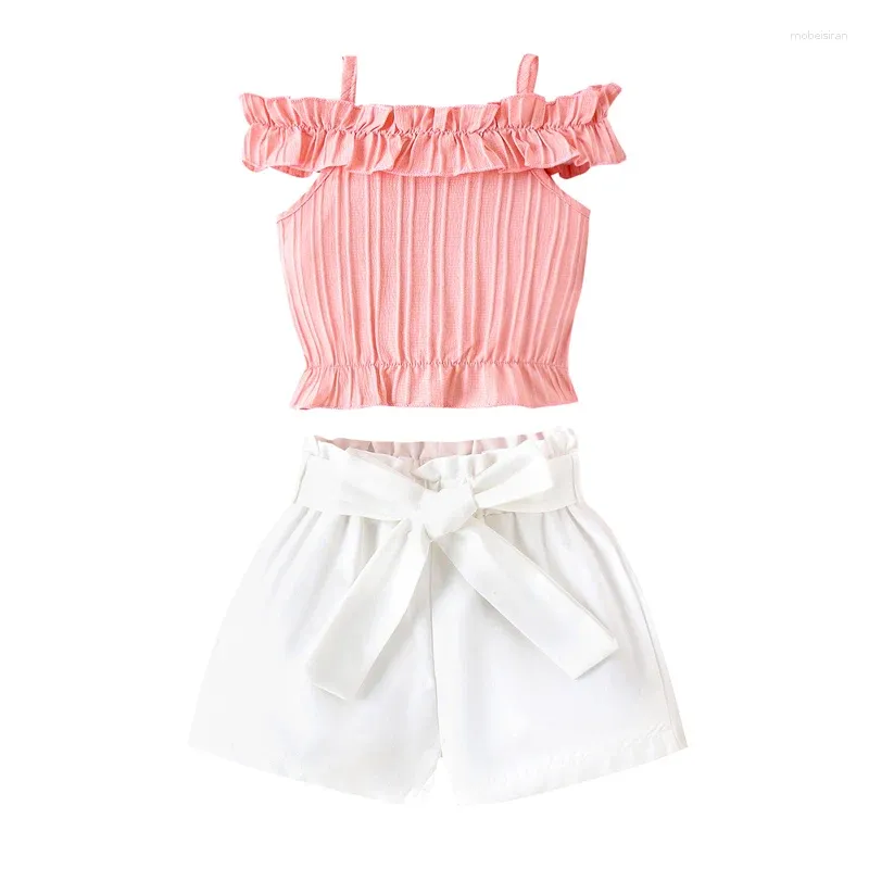Vêtements Ensembles d'été pour enfants, bébé fille tenues mignonnes à épaule volante rose rose shorts ensembles de vêtements décontractés