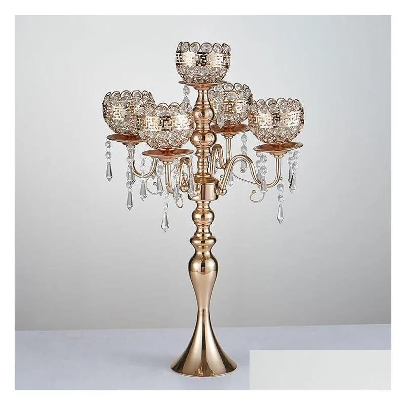 Party Decoration New Style Tall 5-Arms Metal Gold Candelabras With Pendants Romantic Table Candle Holder Home SN2725 Drop Delivery Gar Otgqr