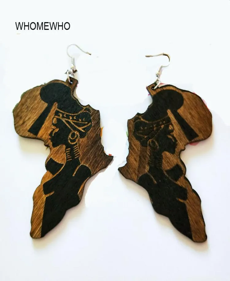 Brown Wood Africa Map Tribal Engraved Tropical Fashion Black Women Earring Vintage Retro Wooden African Hiphop Jewelry Accessory3974453