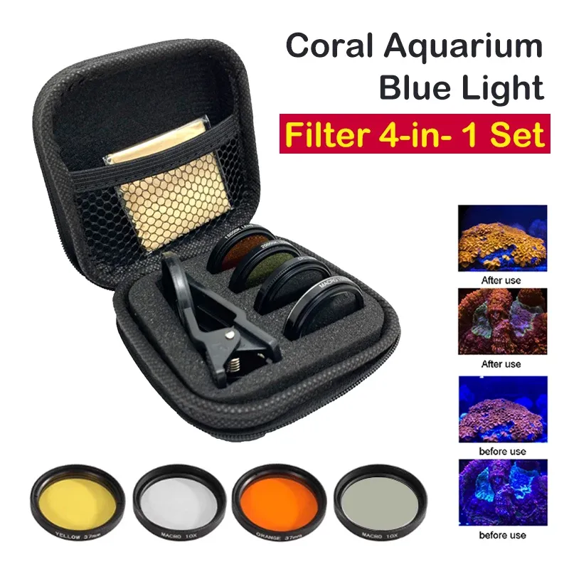 Aquecimento Lente de aquário de aquário Filtro de câmera do tanque de peixe Filtro 4 em 1 lente macro lente amarelo filtro coral recife aquário universal