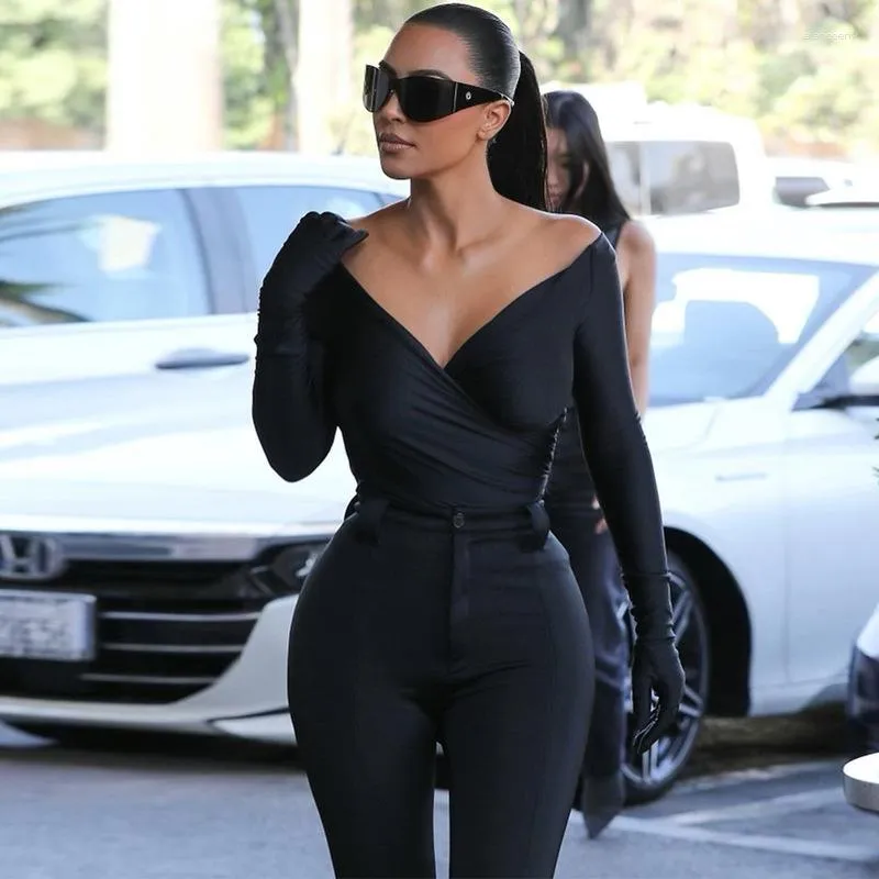 Dames jumpsuits v-neck lange mouw vinger jumpsuit topv kraag kraam