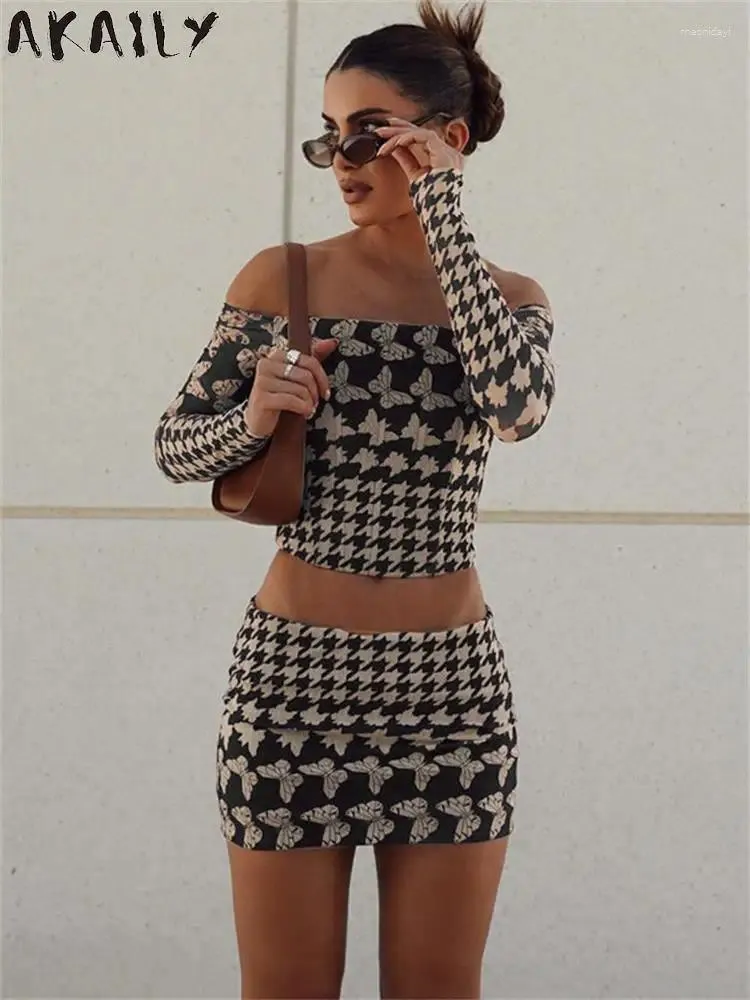 Akaily Houndstooth Print Crop Top and Skirt Set: Elegant Vintage